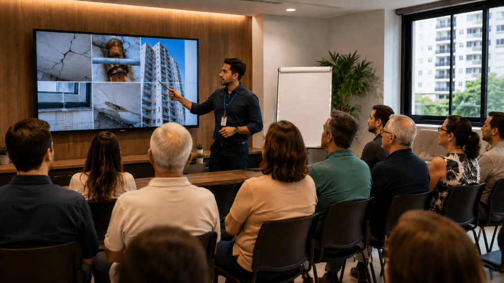 Engenheiro apresentando orientações técnicas sobre manutenção predial durante assembleia condominial com moradores.