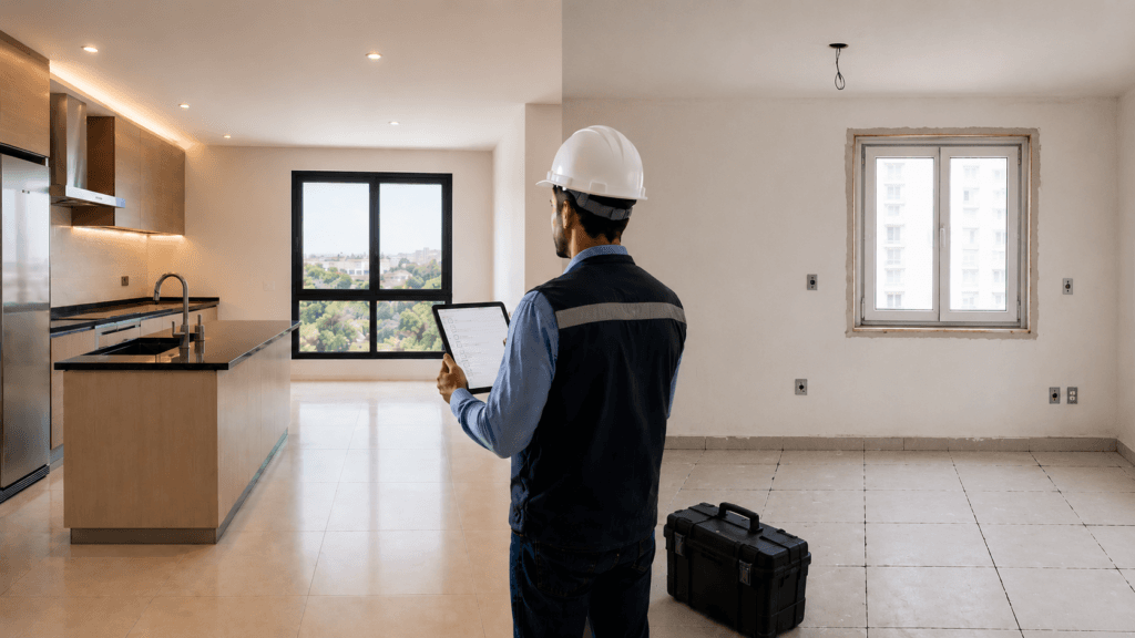 Engenheiro realizando vistoria de imóvel com checklist digital em apartamento, comparando ambiente acabado com área apresentando não conformidades construtivas.