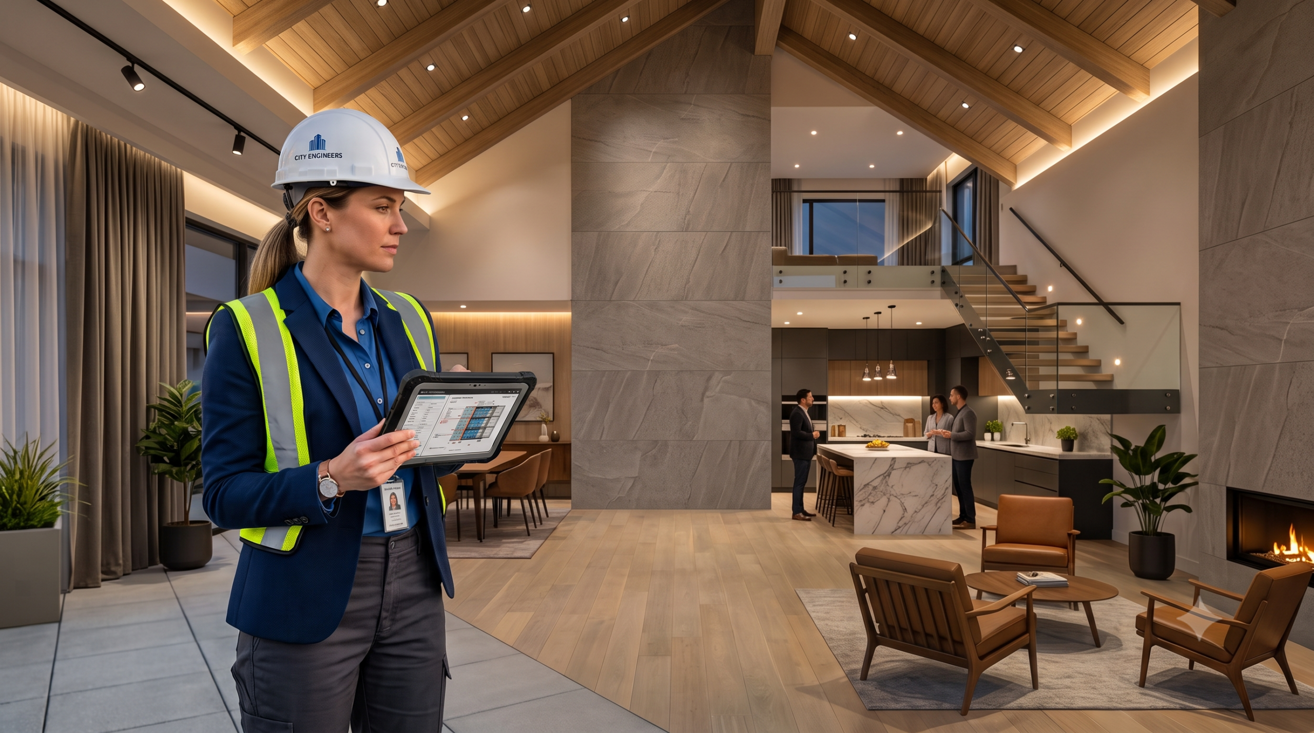 Engenheira civil com capacete de proteção e tablet realizando inspeção técnica no interior de um apartamento de luxo moderno.