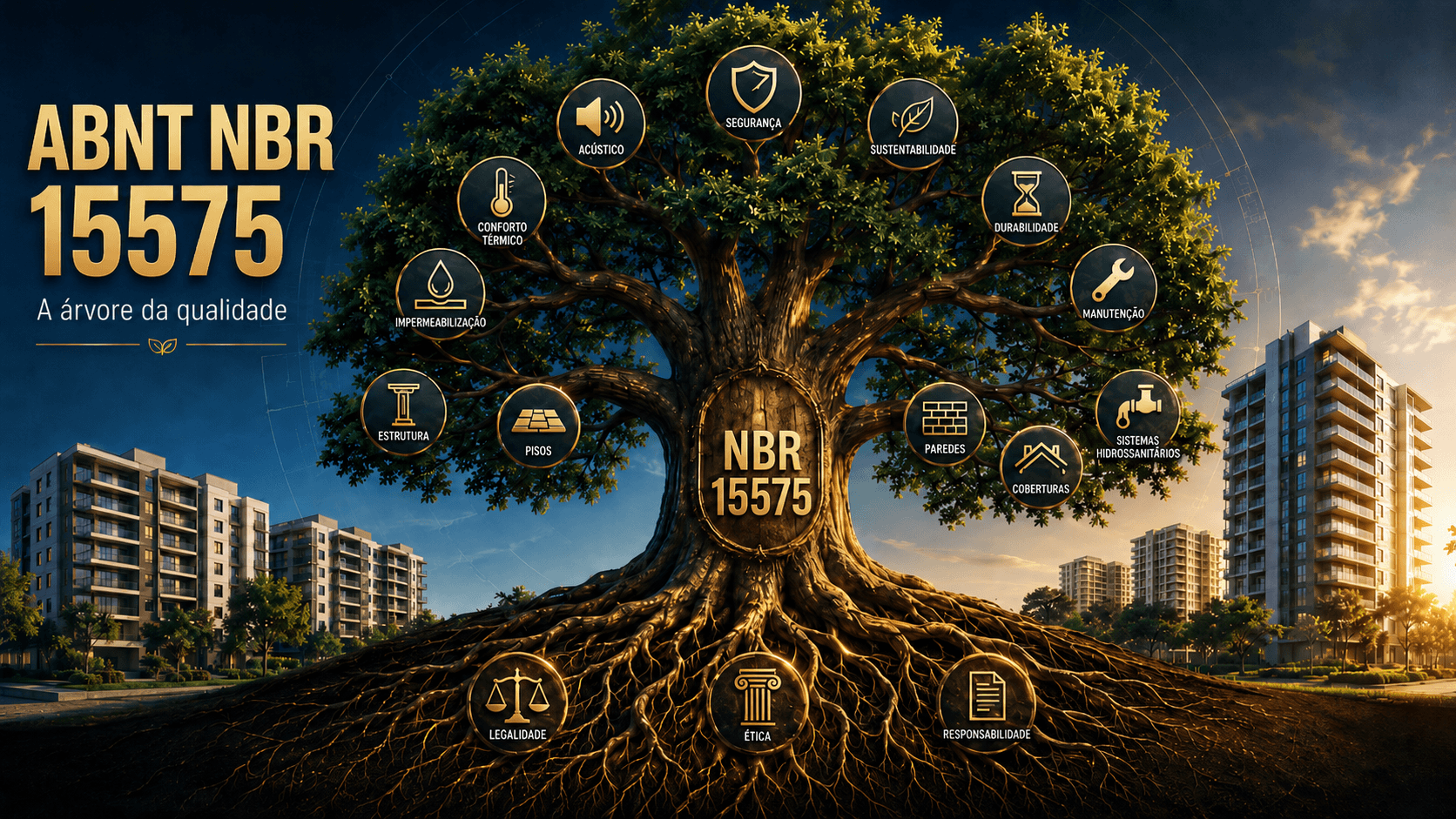 Ilustração conceitual da ABNT NBR 15575 como árvore da qualidade, com normas técnicas complementares representadas nos galhos.