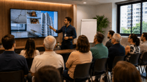 Engenheiro apresentando orientações técnicas sobre manutenção predial durante assembleia condominial com moradores.