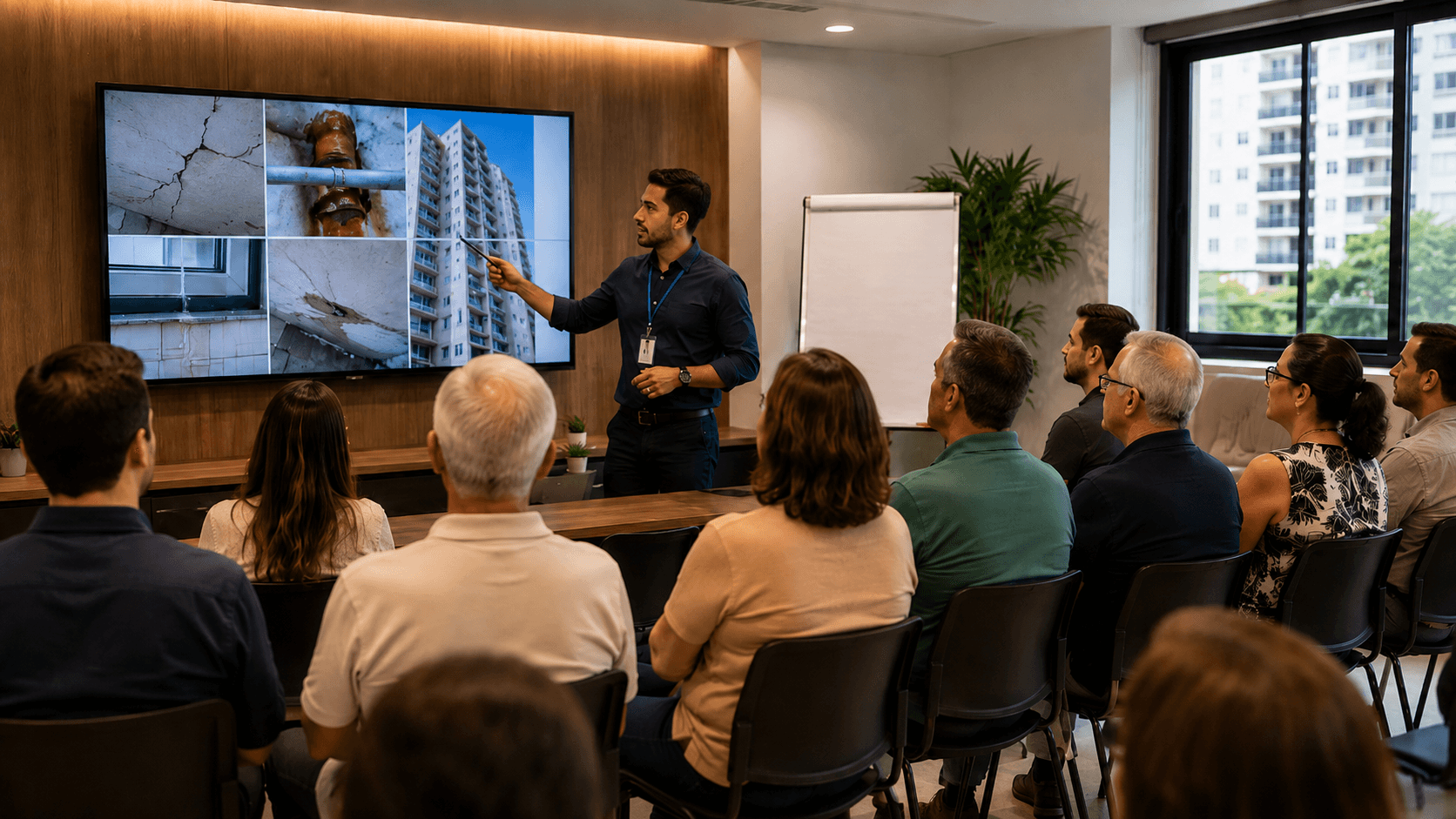 Engenheiro apresentando orientações técnicas sobre manutenção predial durante assembleia condominial com moradores.