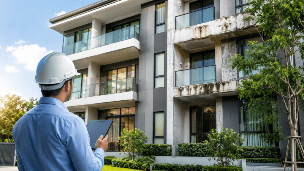 Inspeção de fachada com sinais de degradação Engenheiro avaliando fachada de edifício residencial com comparação entre área conservada e área com manchas de umidade e degradação.