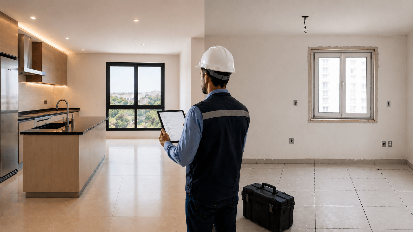 Engenheiro realizando vistoria de imóvel com checklist digital em apartamento, comparando ambiente acabado com área apresentando não conformidades construtivas.