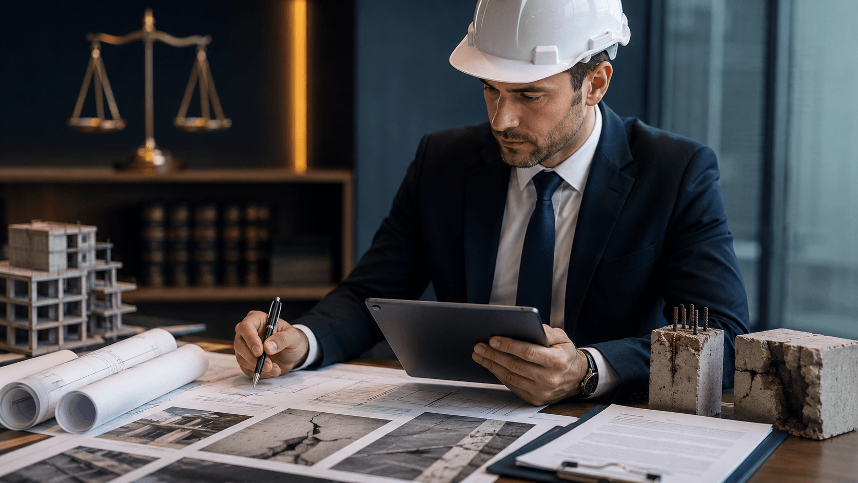 Engenheiro elaborando parecer técnico em perícia judicial de imóvel, com documentos, projetos e registros de manifestações patológicas sobre a mesa.