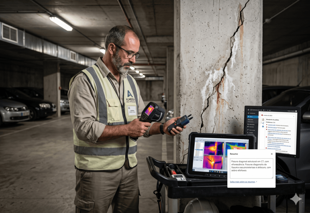 Ensaios Não Destrutivos e Termografia em Estruturas de Concreto Engenheiro de colete refletivo utilizando uma câmera termográfica e medidor digital para inspecionar uma grave fissura diagonal com eflorescência em pilar de concreto de uma garagem subterrânea, com telas exibindo o mapeamento térmico estrutural.