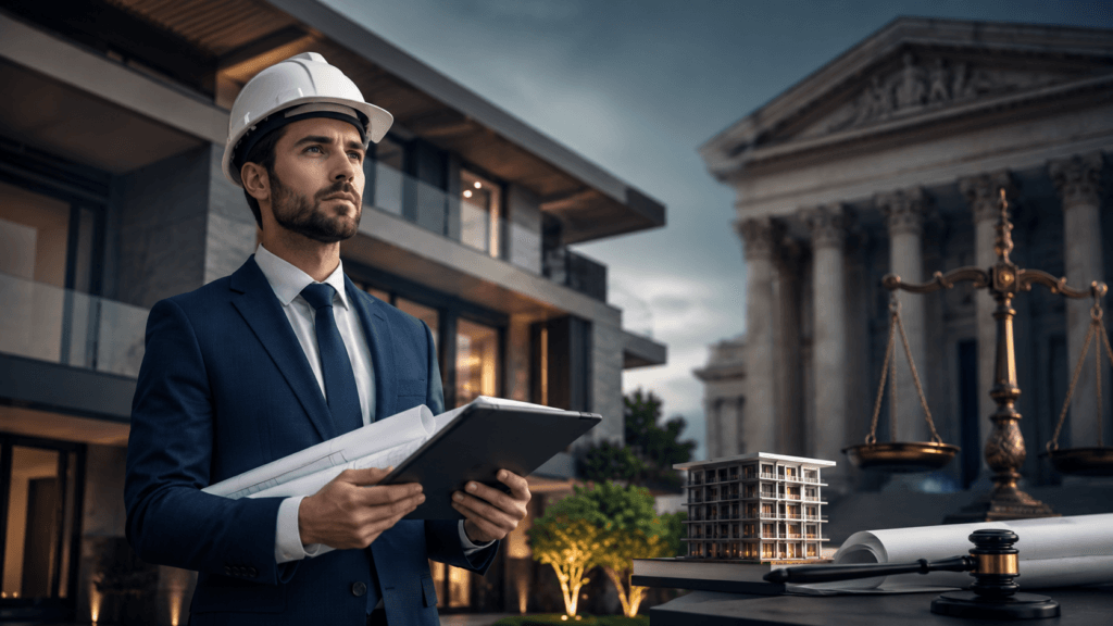 Perícia judicial em imóveis Engenheiro perito avaliando imóvel em contexto de perícia judicial, com elementos de construção civil, documentação técnica e justiça.