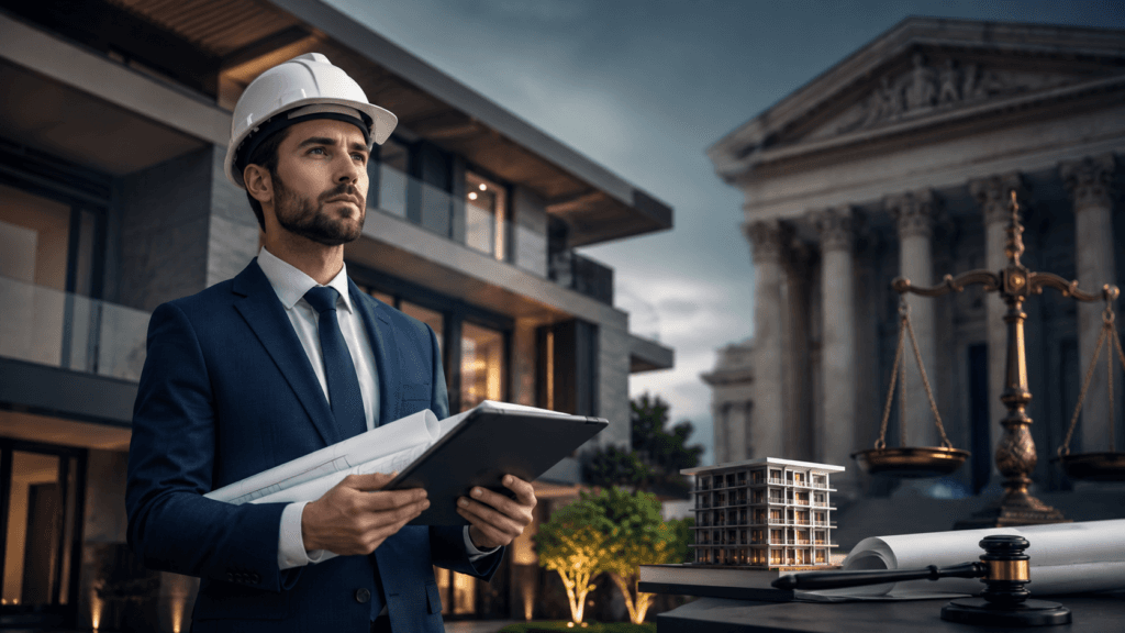 Engenheiro perito avaliando imóvel em contexto de perícia judicial, com elementos de construção civil, documentação técnica e justiça.