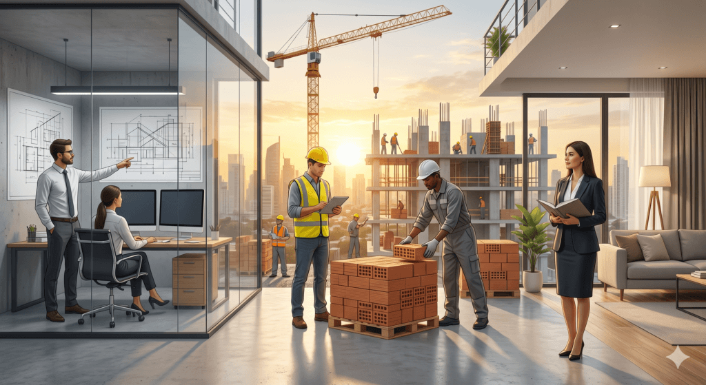 Gestão Integrada de Empreendimentos Residenciais Ilustração conceitual mostrando o ciclo da construção civil. À esquerda, profissionais em escritório de vidro revisam projetos residenciais em monitores e plantas na parede. No centro, engenheiro de capacete amarelo confere tablet ao lado de operário organizando blocos cerâmicos em pallet, com um edifício em construção e guindaste ao fundo. À direita, executiva em terno segura pasta em apartamento decorado
