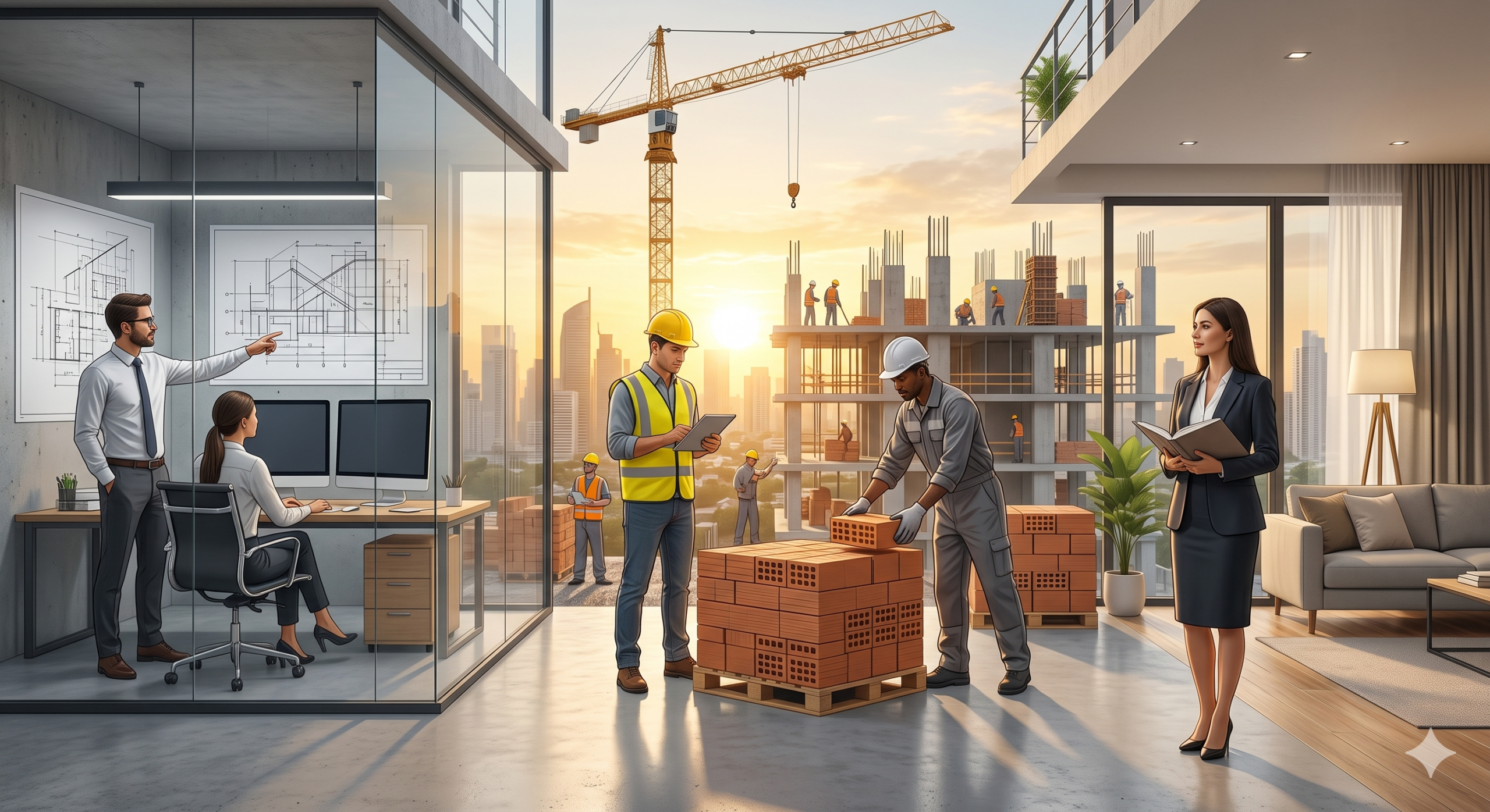 Ilustração conceitual mostrando o ciclo da construção civil. À esquerda, profissionais em escritório de vidro revisam projetos residenciais em monitores e plantas na parede. No centro, engenheiro de capacete amarelo confere tablet ao lado de operário organizando blocos cerâmicos em pallet, com um edifício em construção e guindaste ao fundo. À direita, executiva em terno segura pasta em apartamento decorado