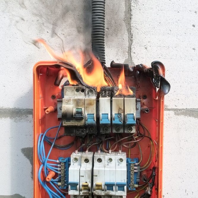Sobrecarga elétrica em disjuntores com princípio de incêndio em quadro de distribuição.