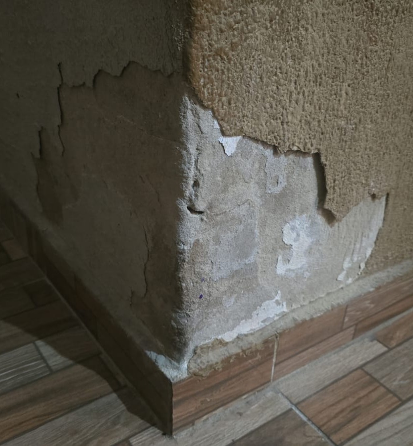 Descascamento de pintura em parede interna com sinais de umidade e degradação do revestimento.